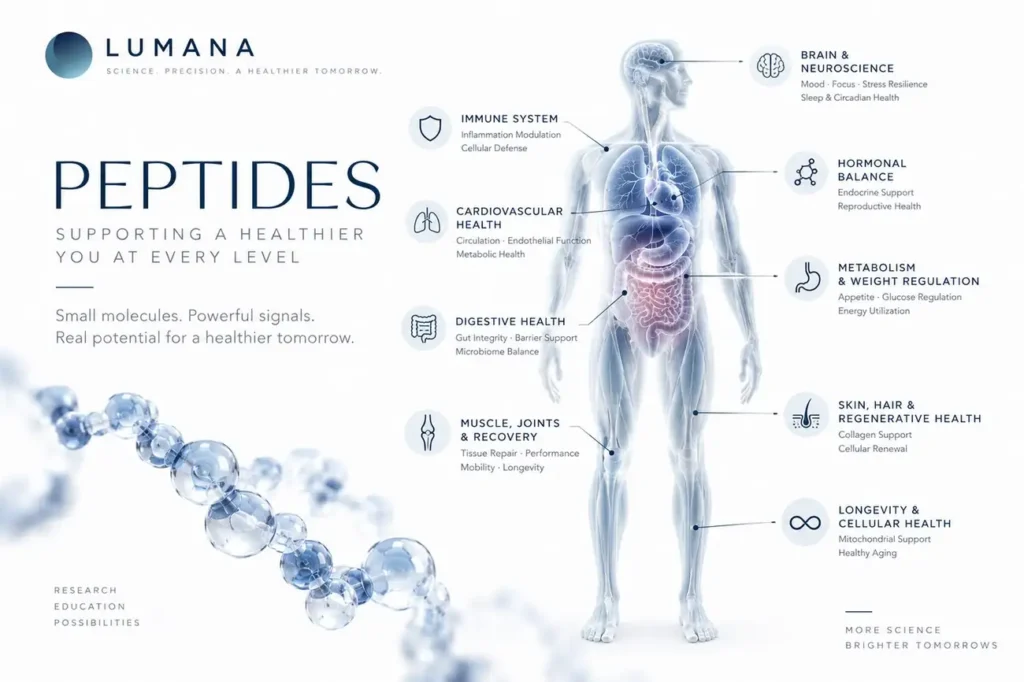 Infographic mapping major areas of peptide research across human body systems
