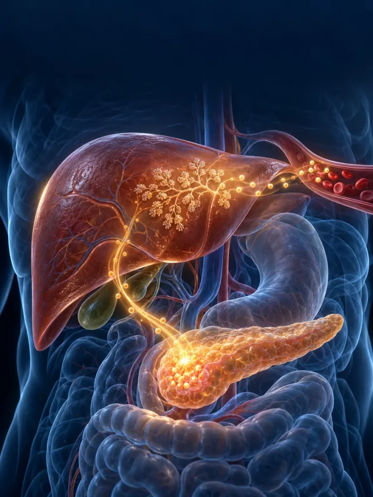 Illustration of hormone signals passing between the liver, pancreas, and bloodstream