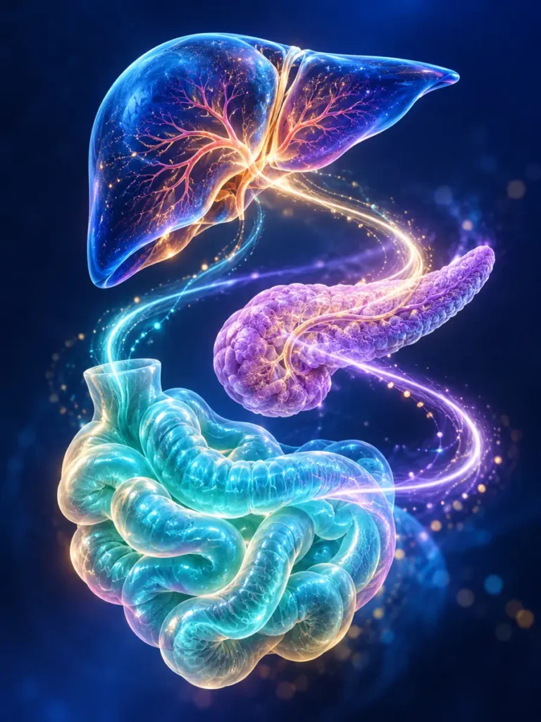 Illustration of signals connecting the liver, pancreas, and intestine