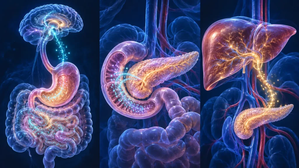 Illustration of receptor signaling between the brain, gut, pancreas, and liver